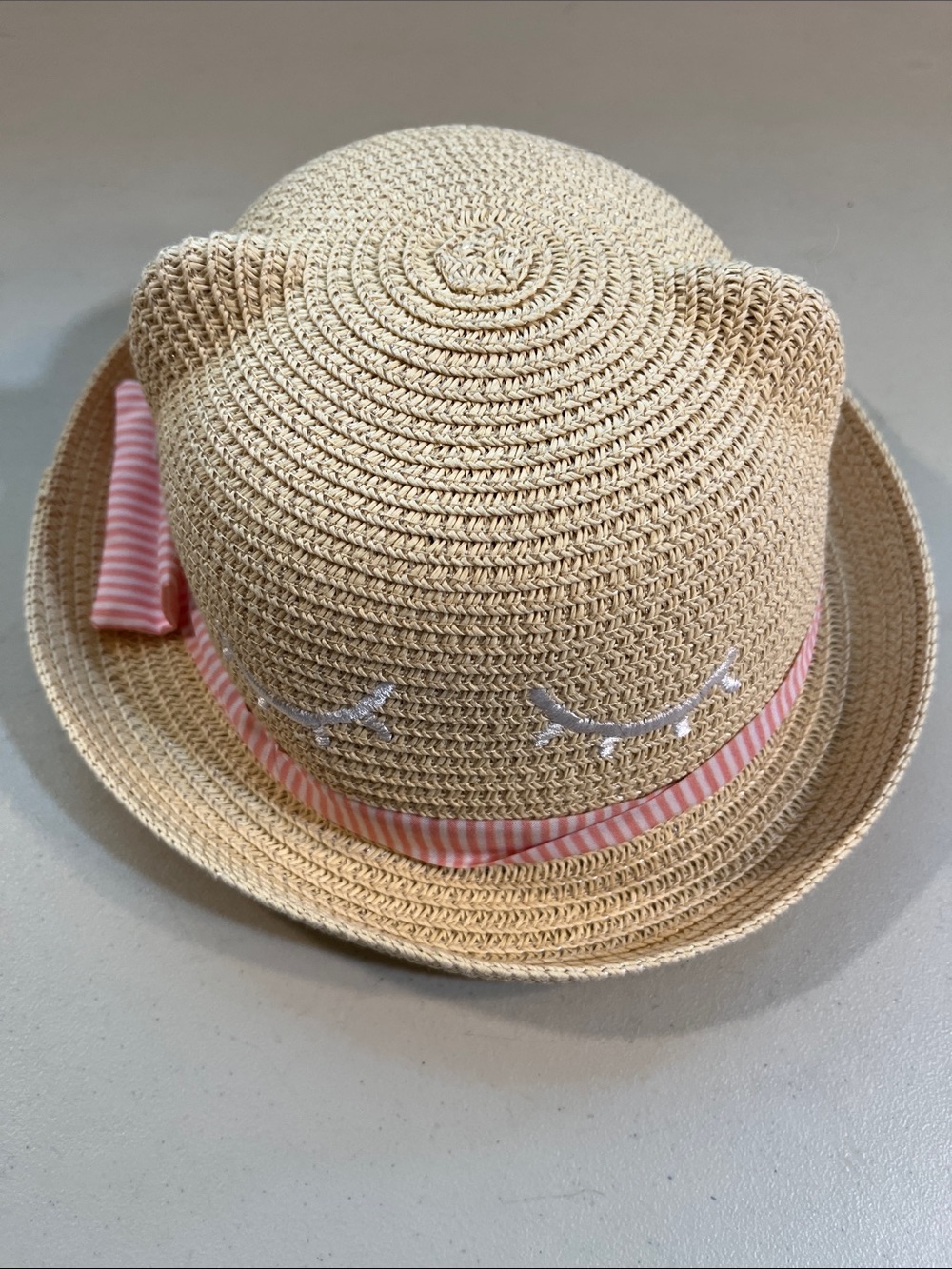 H&M Cream Straw Cat-Ear Sun Hat with Pink Striped Band